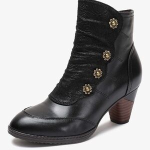 Vintage inspired Black Women's  Belgard Ankle Boots with Floral Button Detail